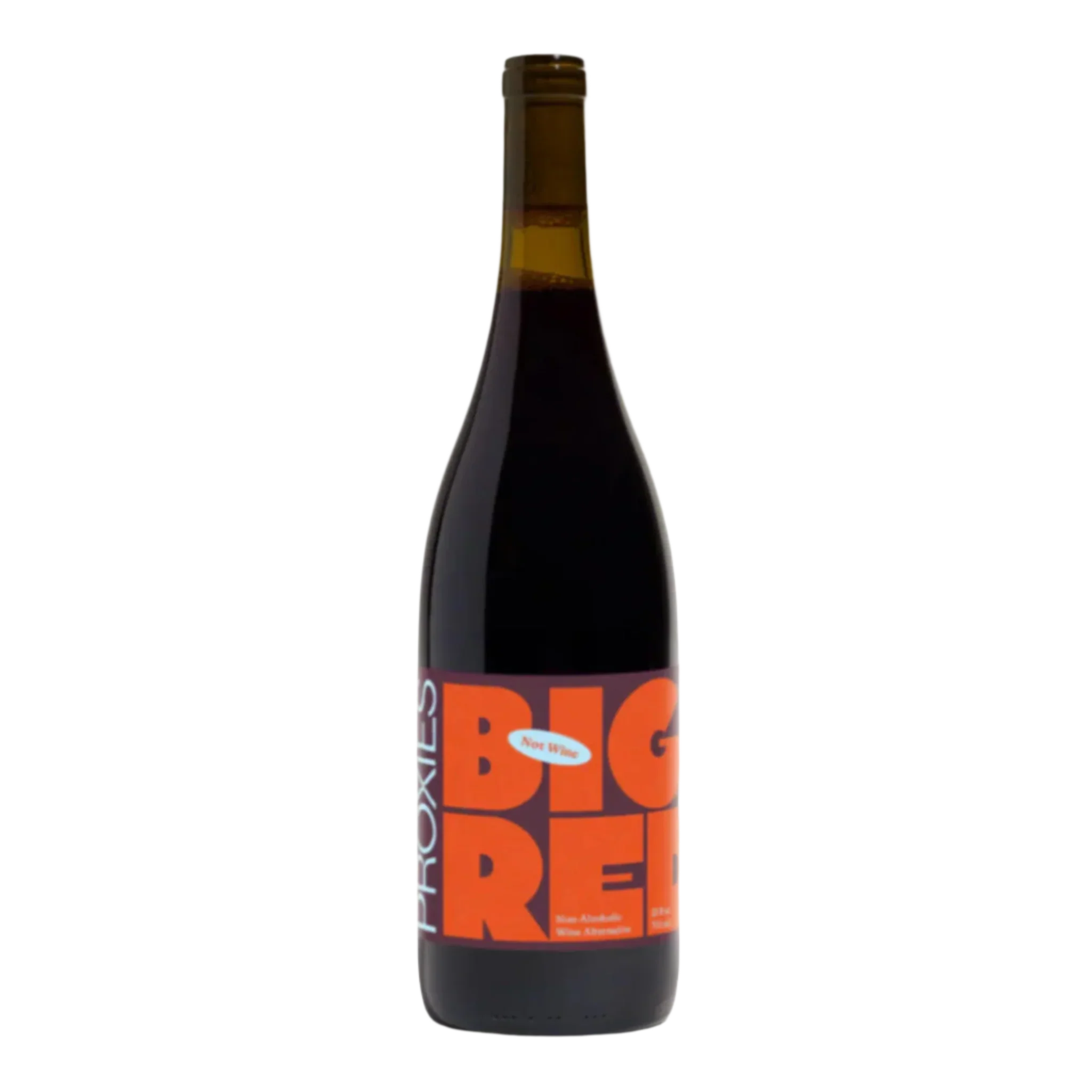 Bottle of Proxies Big Red non-alcoholic red wine on white background.